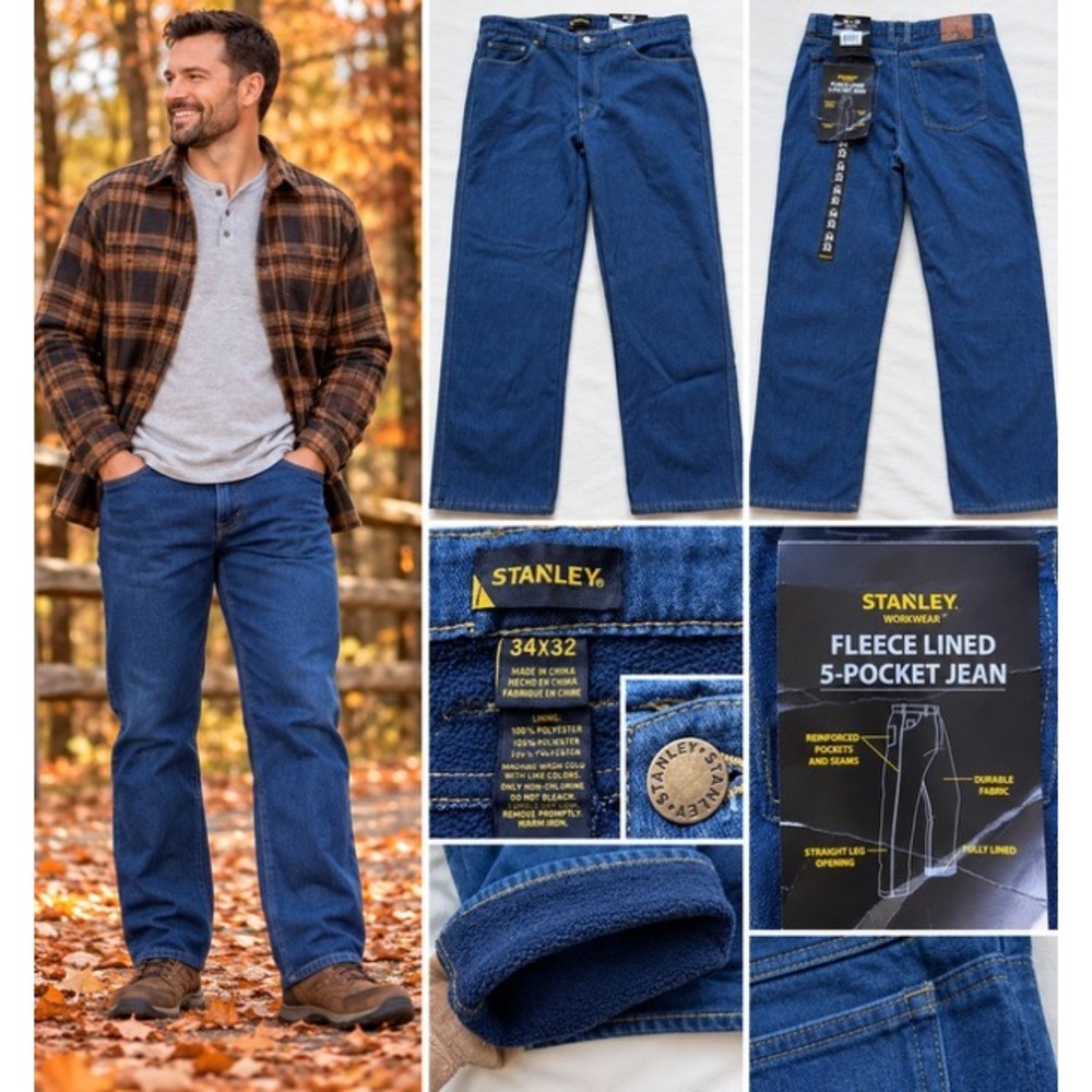 Stanley Workwear Mens Fleece Lined 5-Pocket Jeans Blue Denim 34x32 NWT